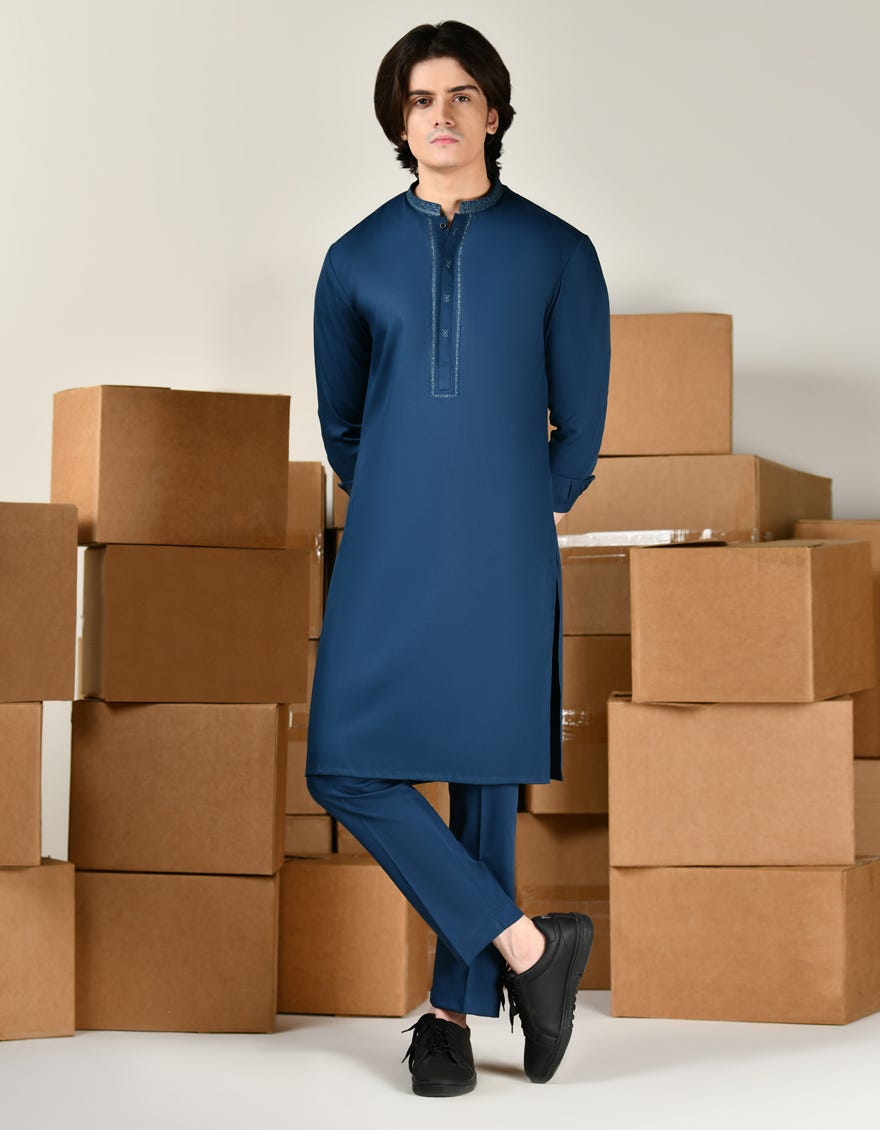 Teal Blue Blended Kurta Pajama | Jtkp-A-46410