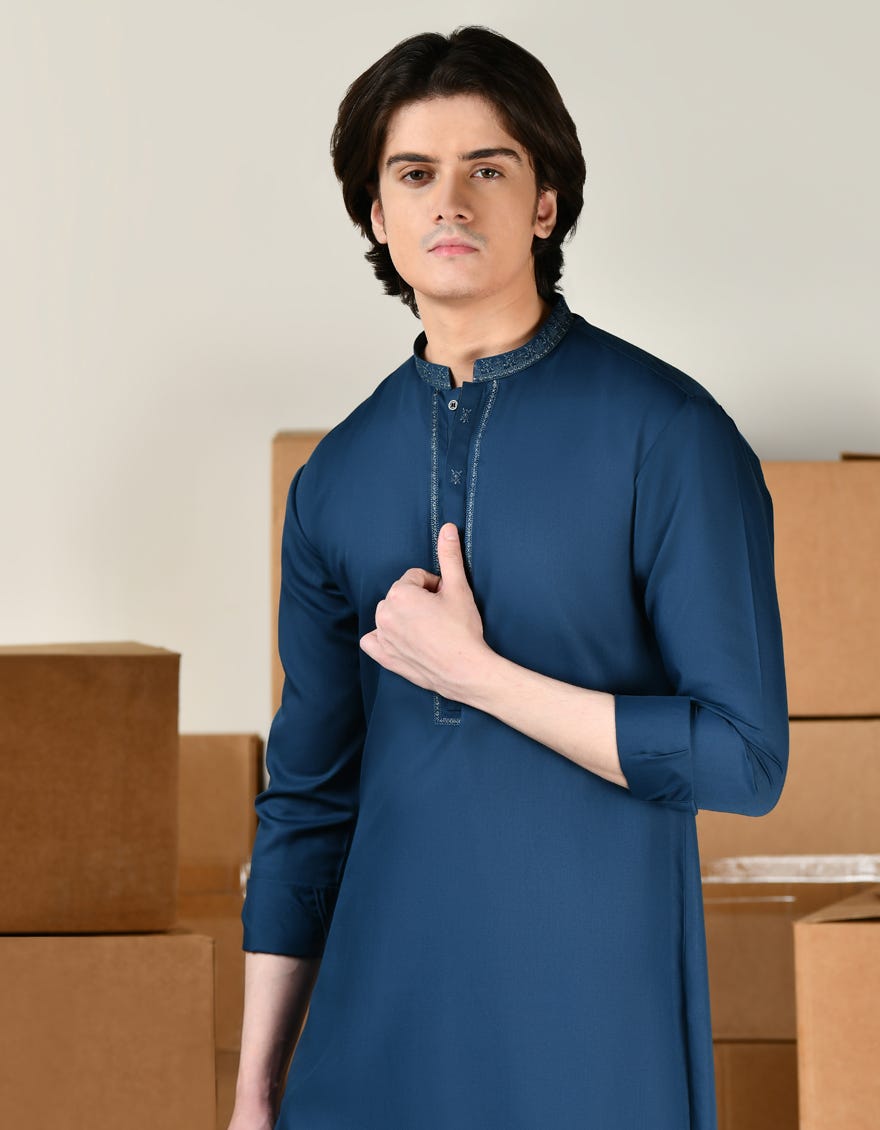 TEAL BLUE BLENDED KURTA PAJAMA | JTKP-A-46410