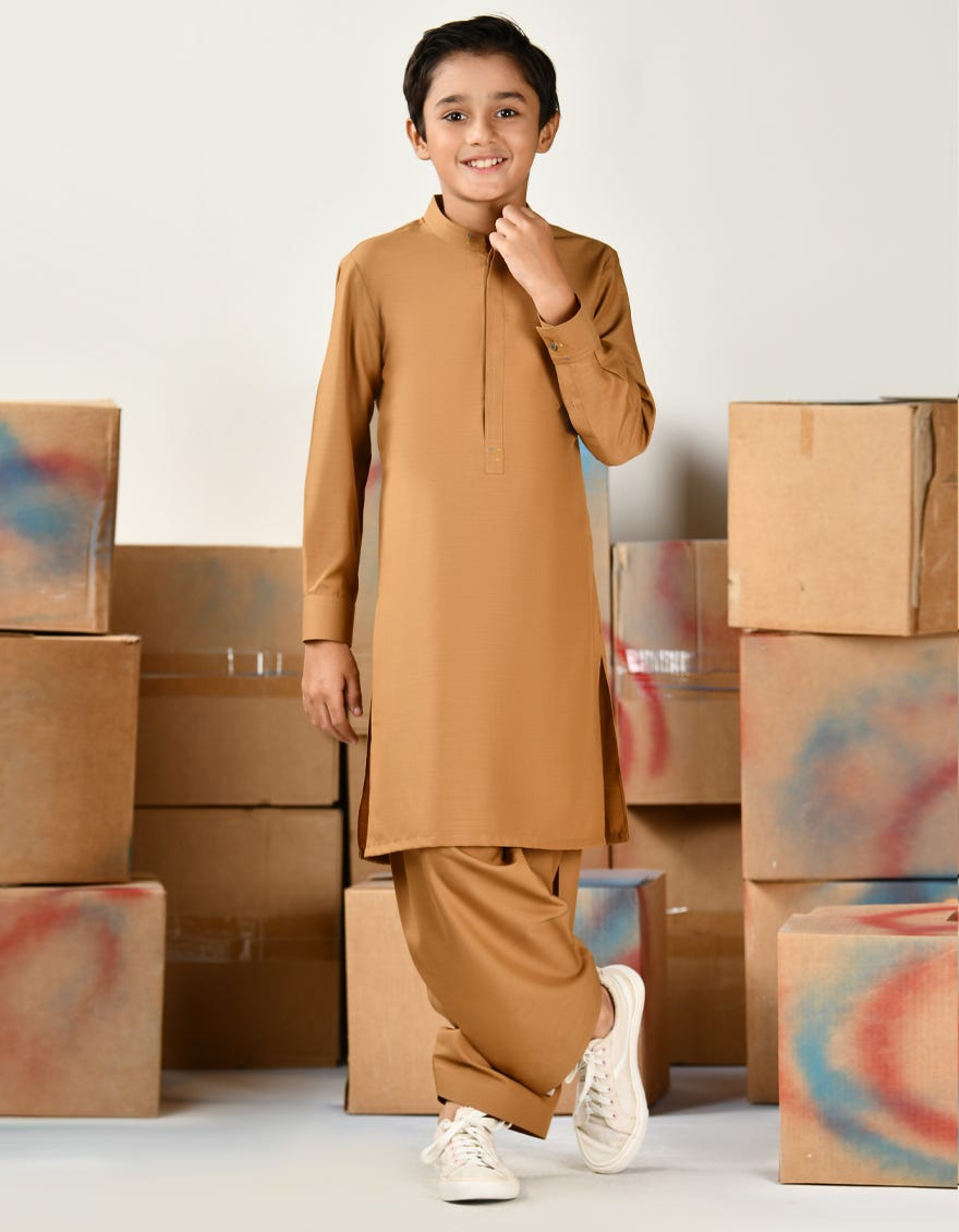 Camel Brown Blended Kid's Kameez Shalwar | Jcks-A-46416