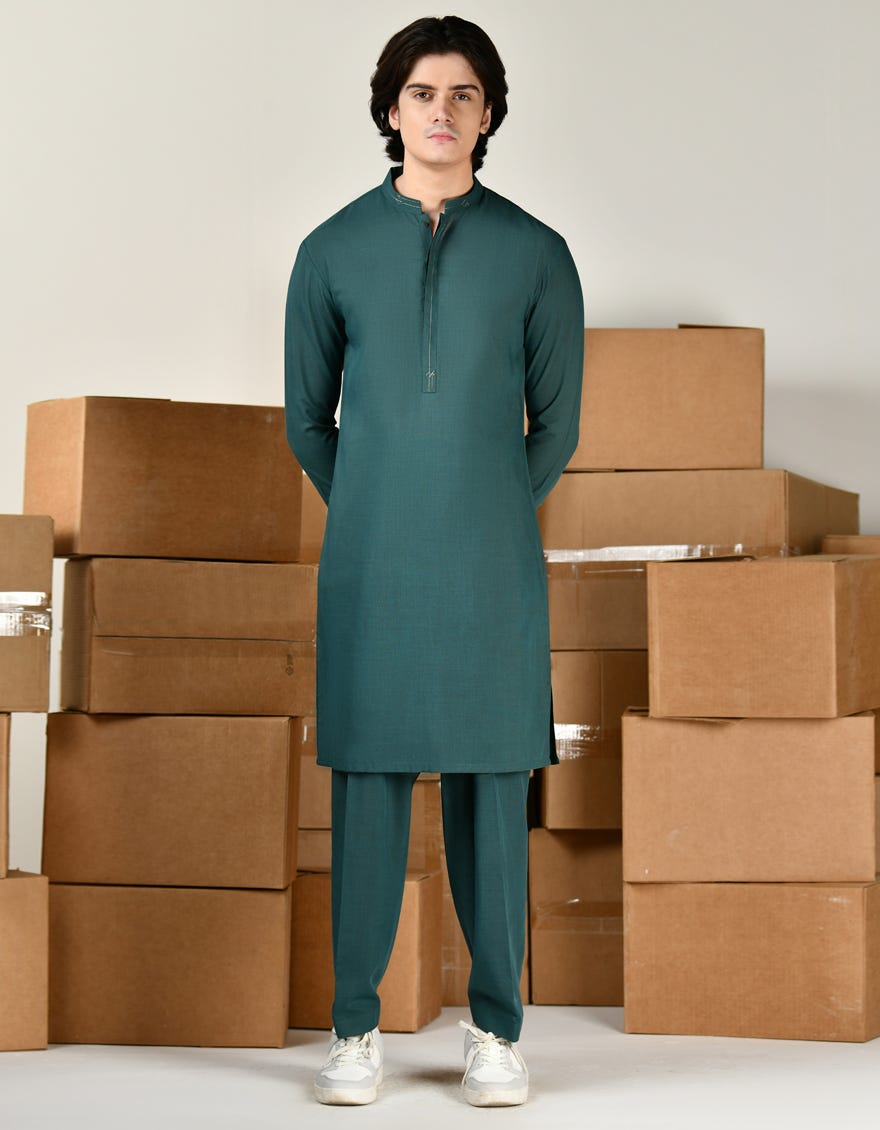 Dark Green Blended Teen Boy's Kameez Shalwar | Jtks-S-46421