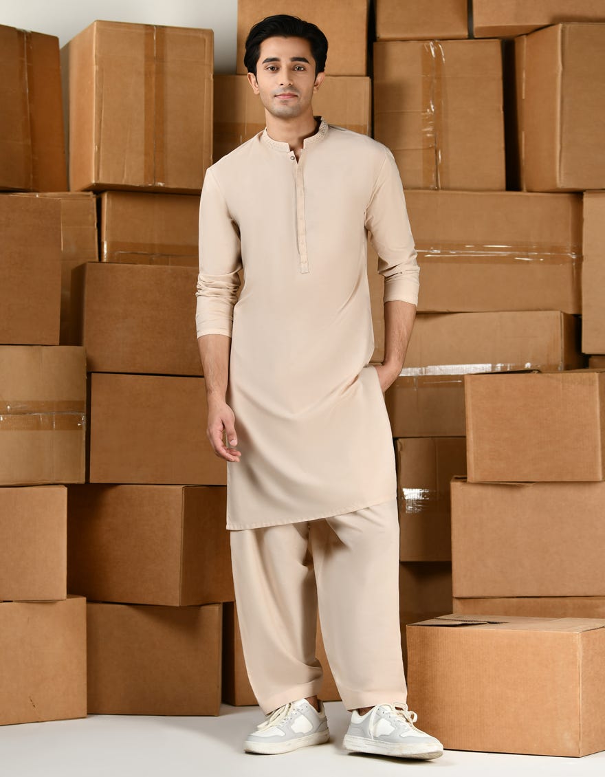 Light Peach Blended Teen Boy's Kameez Shalwar | Jtks-A-46424