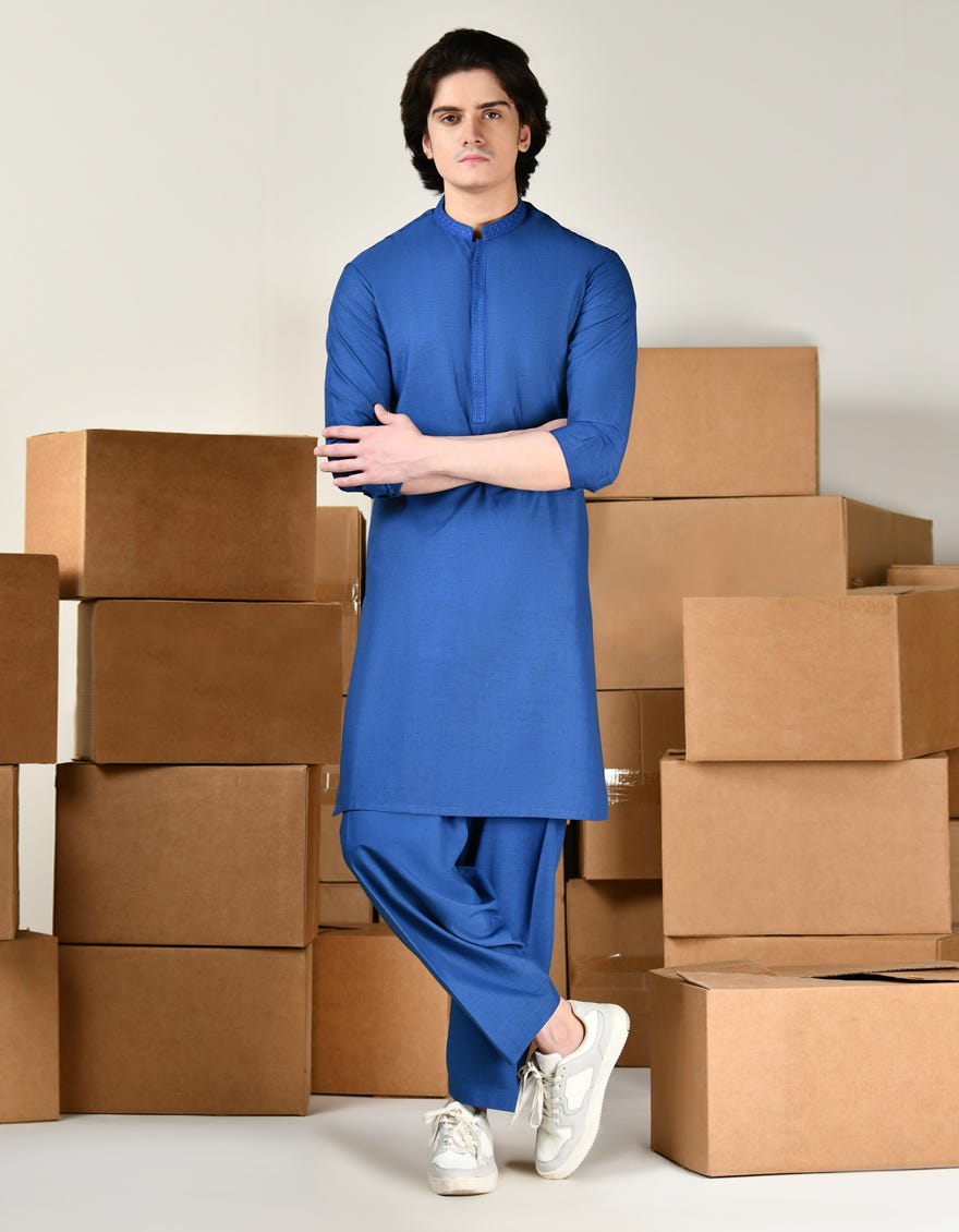 Blue Blended Teen Boy's Kameez Shalwar | Jtks-A-46425