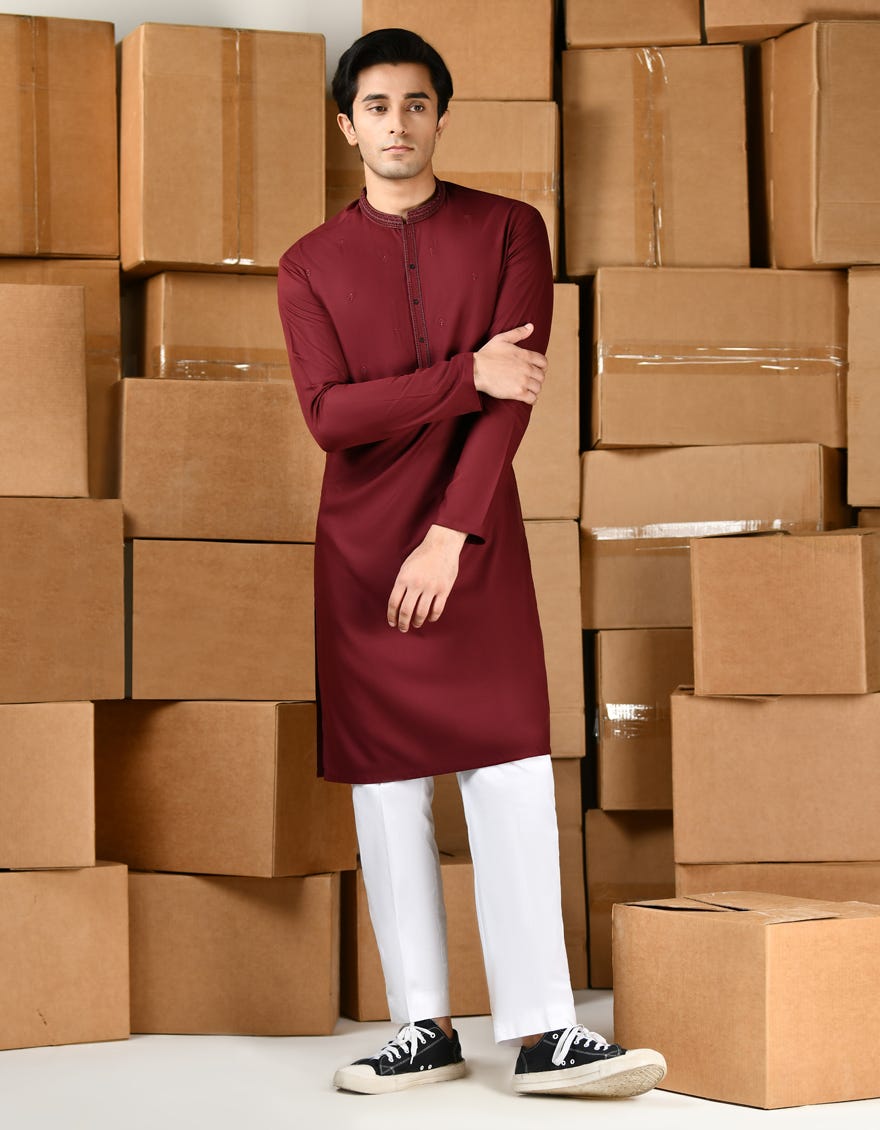 Maroon Blended Teen Boy's Kameez Shalwar | Jtks-A-46428