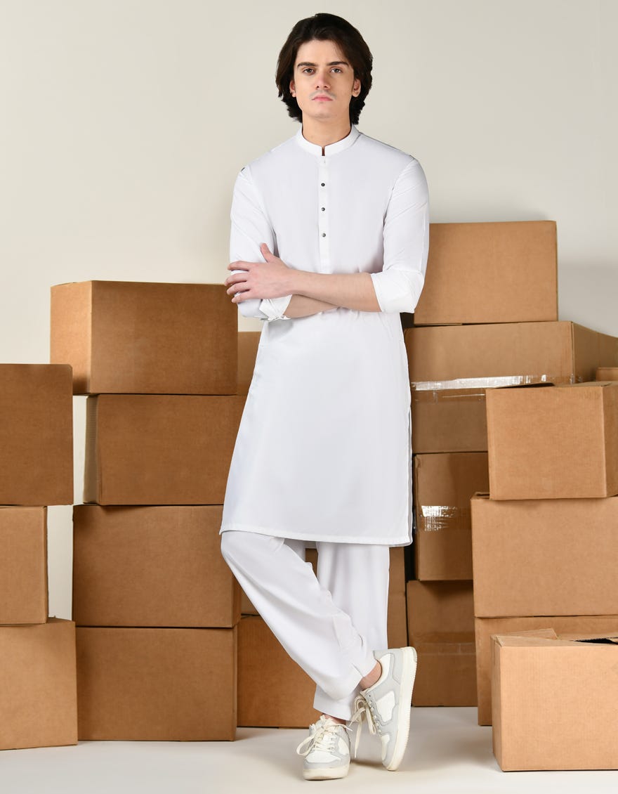 White Blended Teen Boy's Kameez Shalwar | Jtks-A-46429