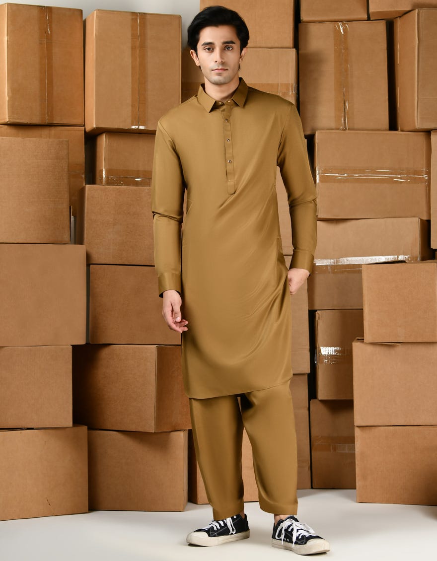 Brown Blended Teen Boy's Kameez Shalwar | Jtks-A-46430