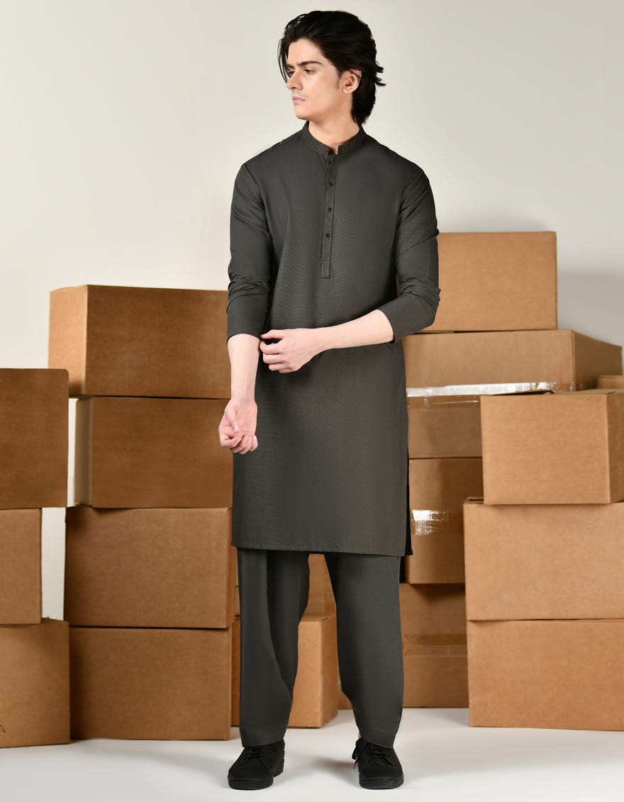 Mud Green Blended Teen Boy's Kameez Shalwar | Jtks-A-46433