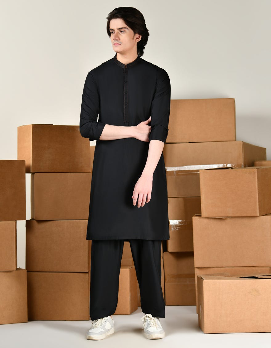 Black Blended Teen Boy's Kameez Shalwar | Jtks-A-46434