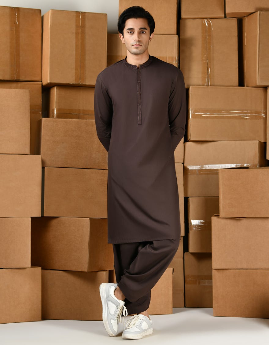 Chocolate Brown Blended Teen Boy's Kameez Shalwar | Jtks-A-46436