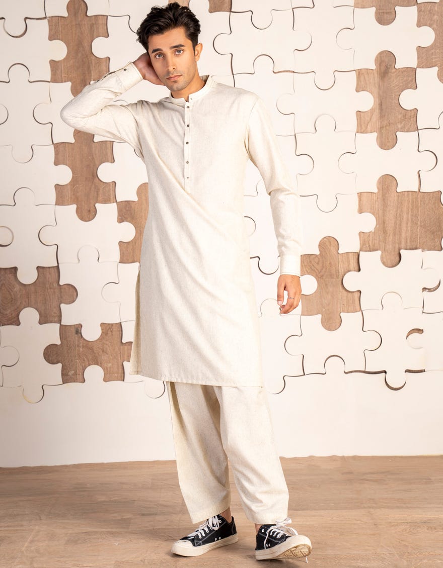 EGG WHITE BLENDED KAMEEZ SHALWAR | JTKS-A-46478