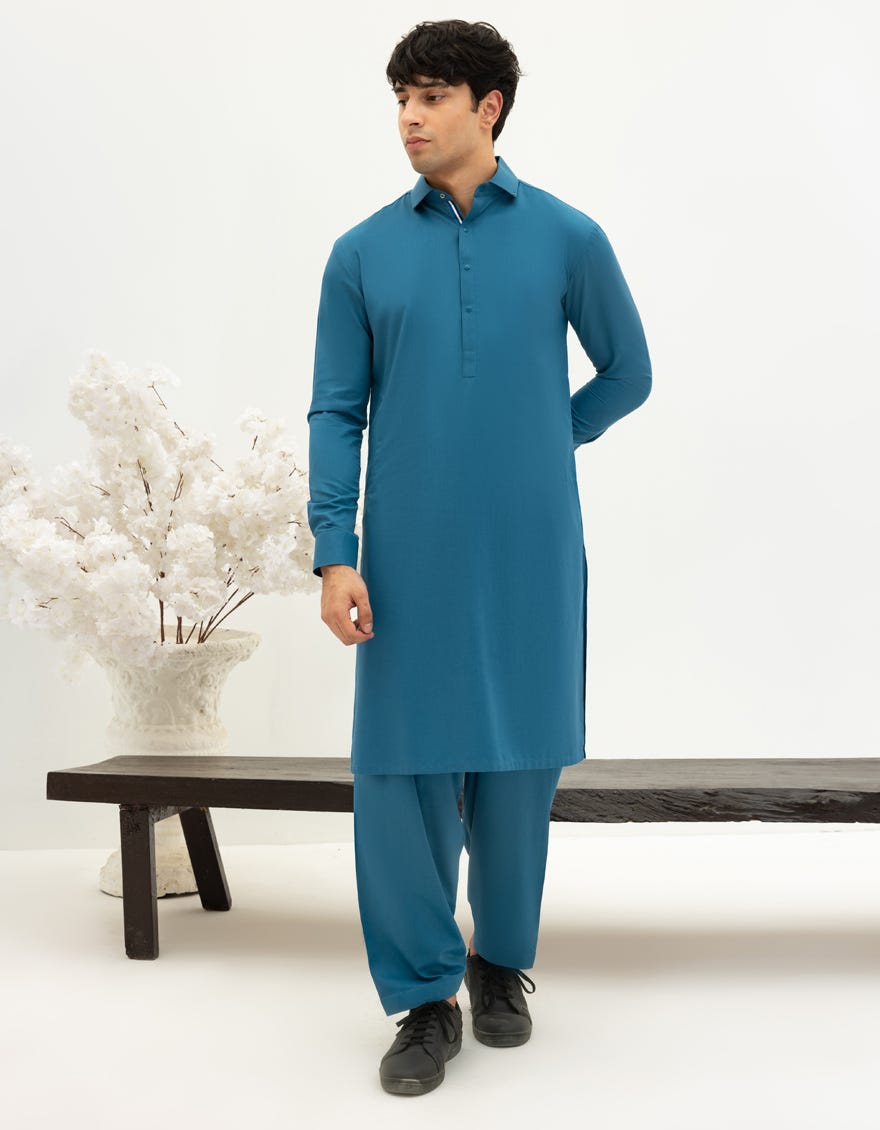 TEAL BLUE BLENDED KAMEEZ SHALWAR