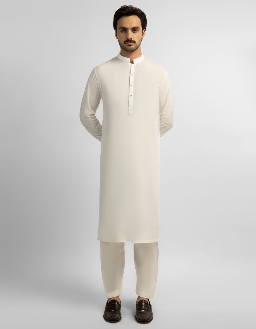 OFF WHITE COTTON PLAIN KURTA TROUSERS