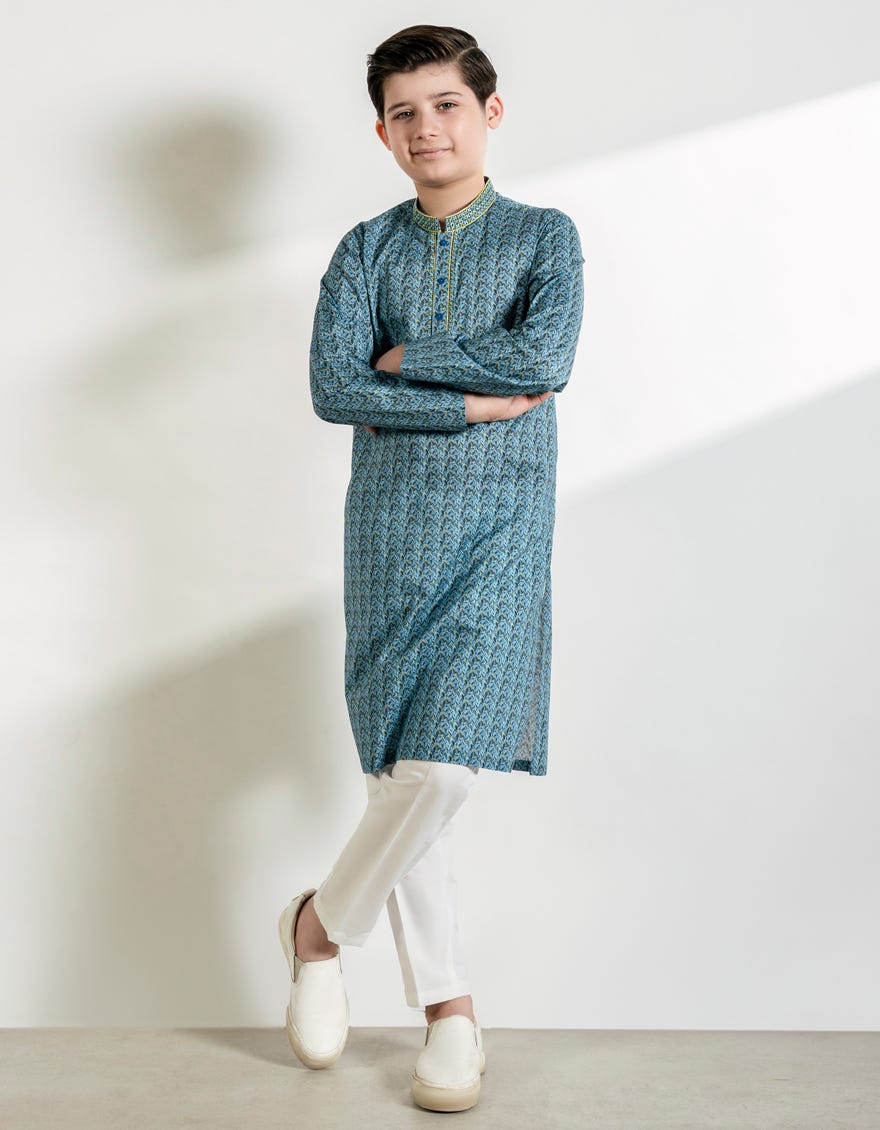 BLUE COTTON PRINTED KURTA