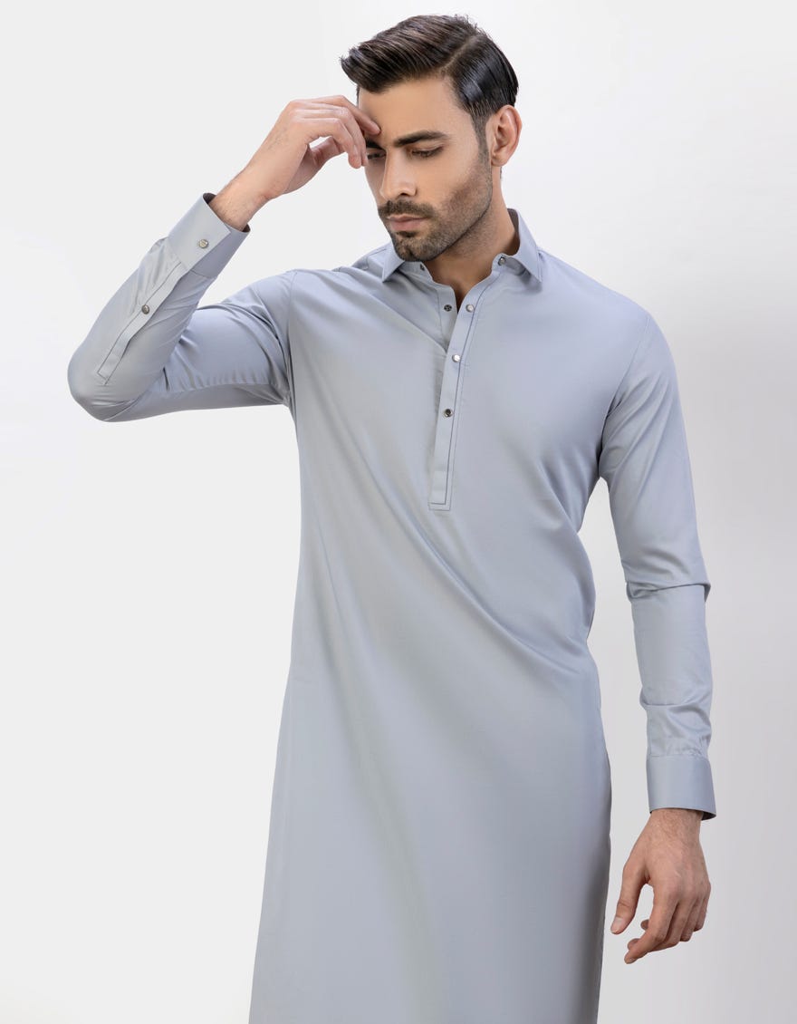 Grey Cotton Men's Kameez Shalwar | Jjks-S-47002