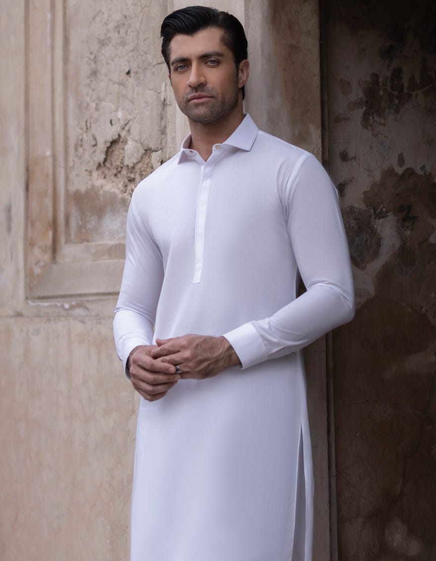 White Cvc Men's Kameez Shalwar | Jjks-S-47003