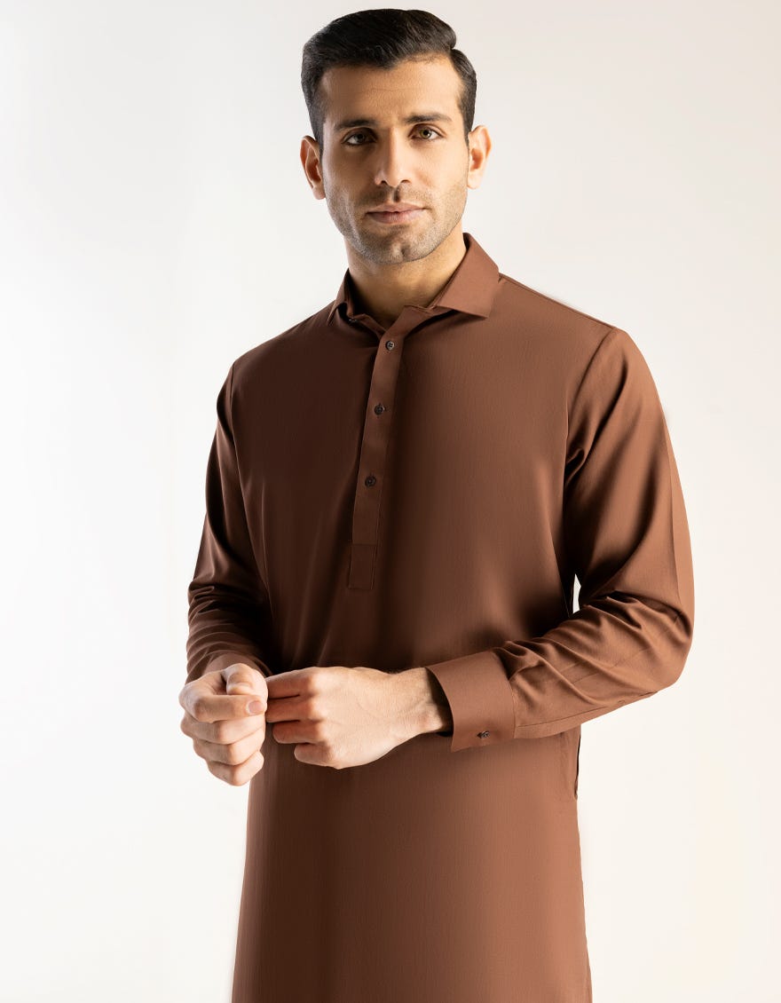 Brown Blended Men's Kameez Shalwar | Jjks-S-47005-R5-Ap