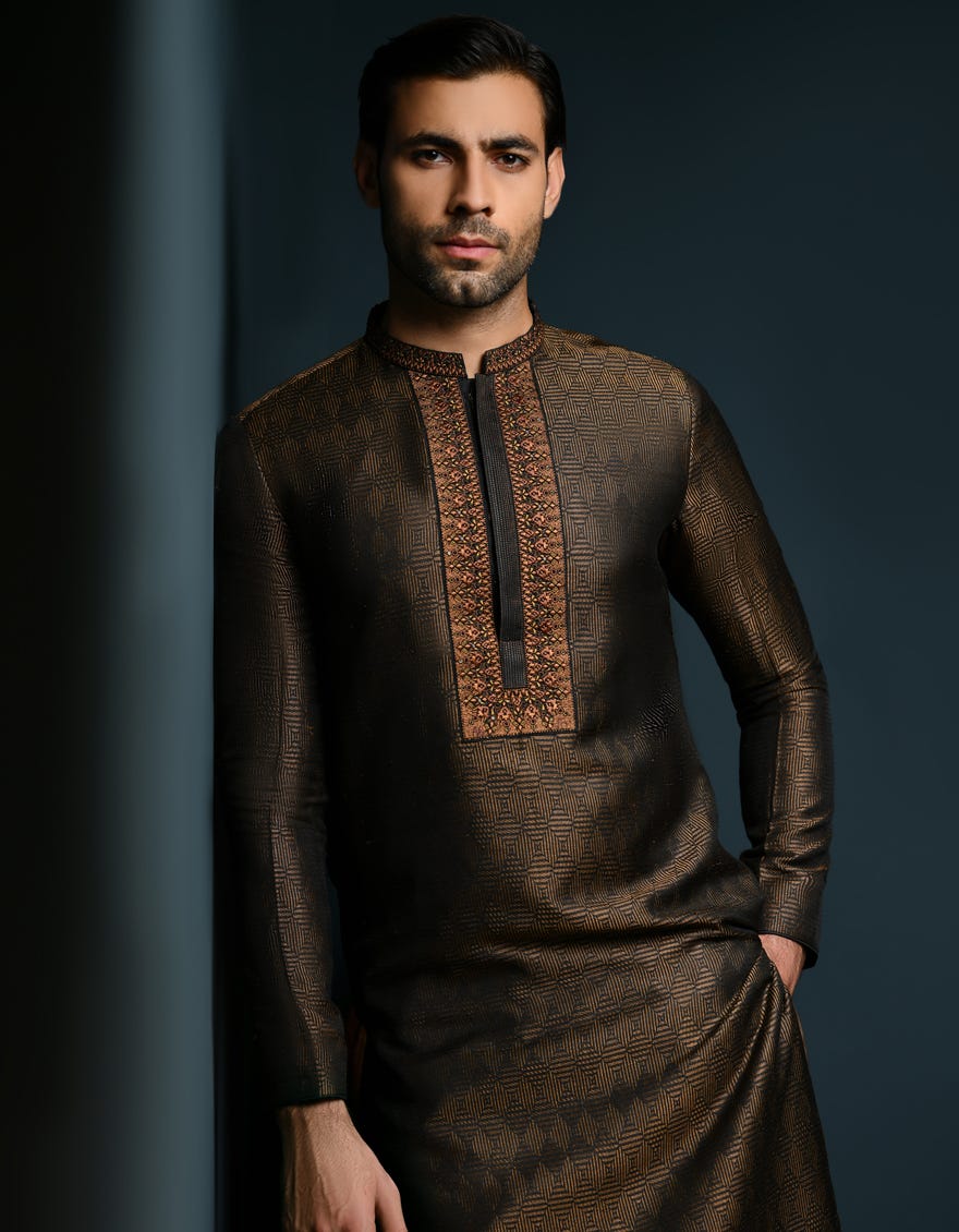 Black-Dull Gold Polyester Men's Kurta | Jjk-Sp-47010