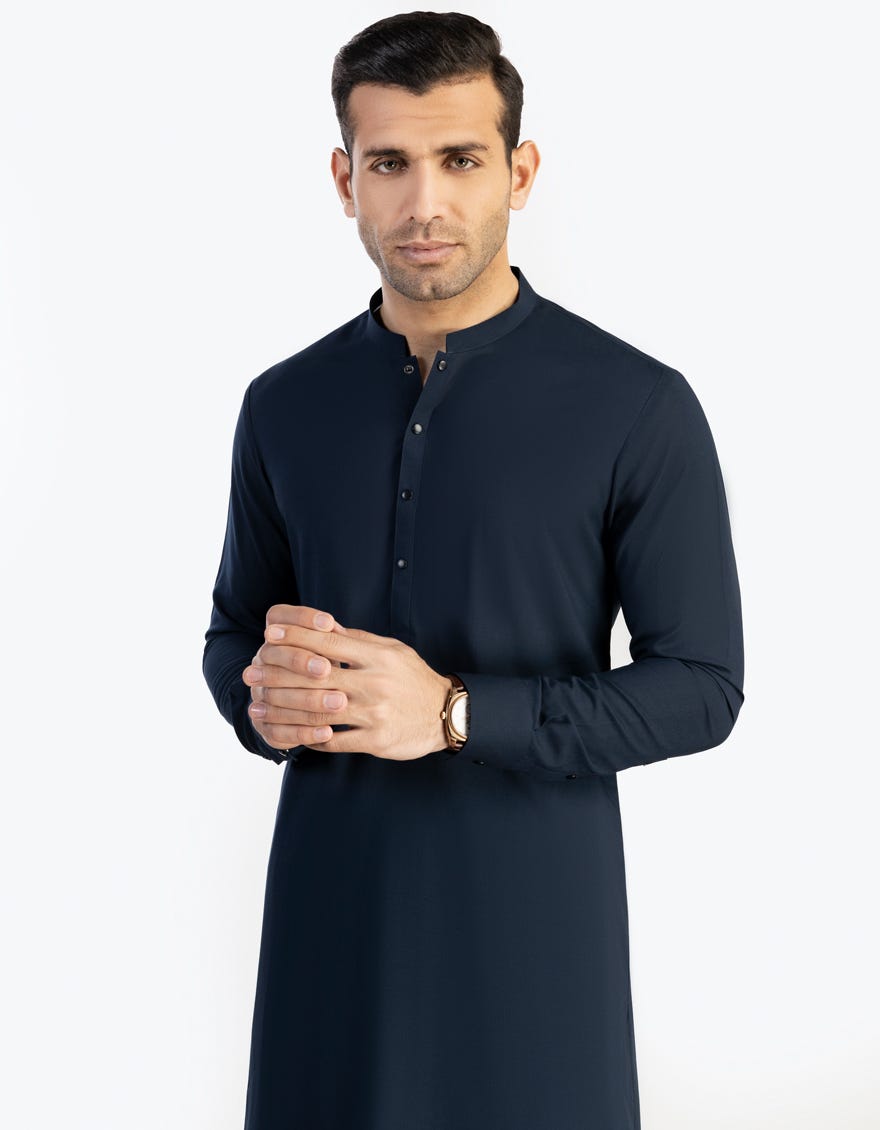 Midnight Blue Blended Men's Kameez Shalwar | Jjks-S-47014