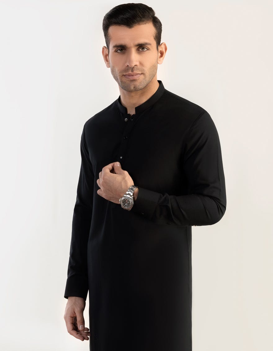 Black Blended Men's Kameez Shalwar | Jjks-S-47015