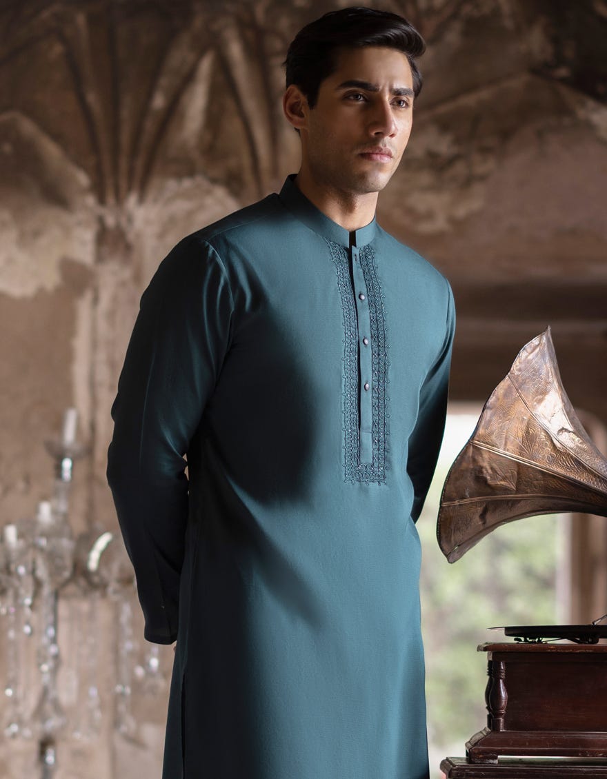 Emerald Green Cotton Men's Kameez Shalwar | Jjks-S-47022