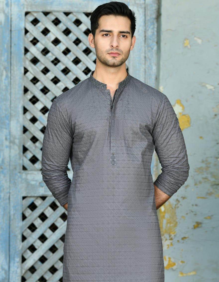 Grey Cotton Men's Kurta | Jjk-A-47025
