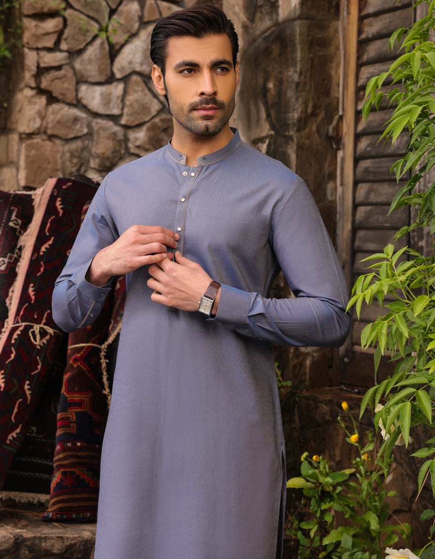 Hatched Blue Cotton Men's Kurta Pajama | Jjkp-S-47026