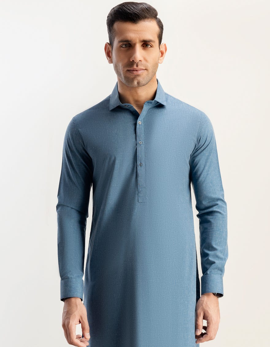 Denim Blue Blended Men's Kurta Pajama | Jjkp-S-47028