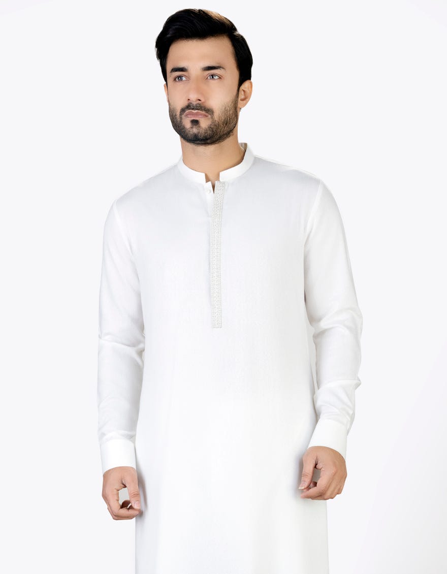 White Blended Men's Kameez Shalwar | Jjks-S-47030