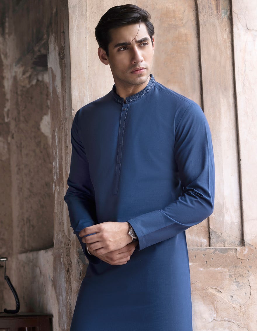 Blue Cotton Men's Kameez Shalwar | Jjks-A-47031