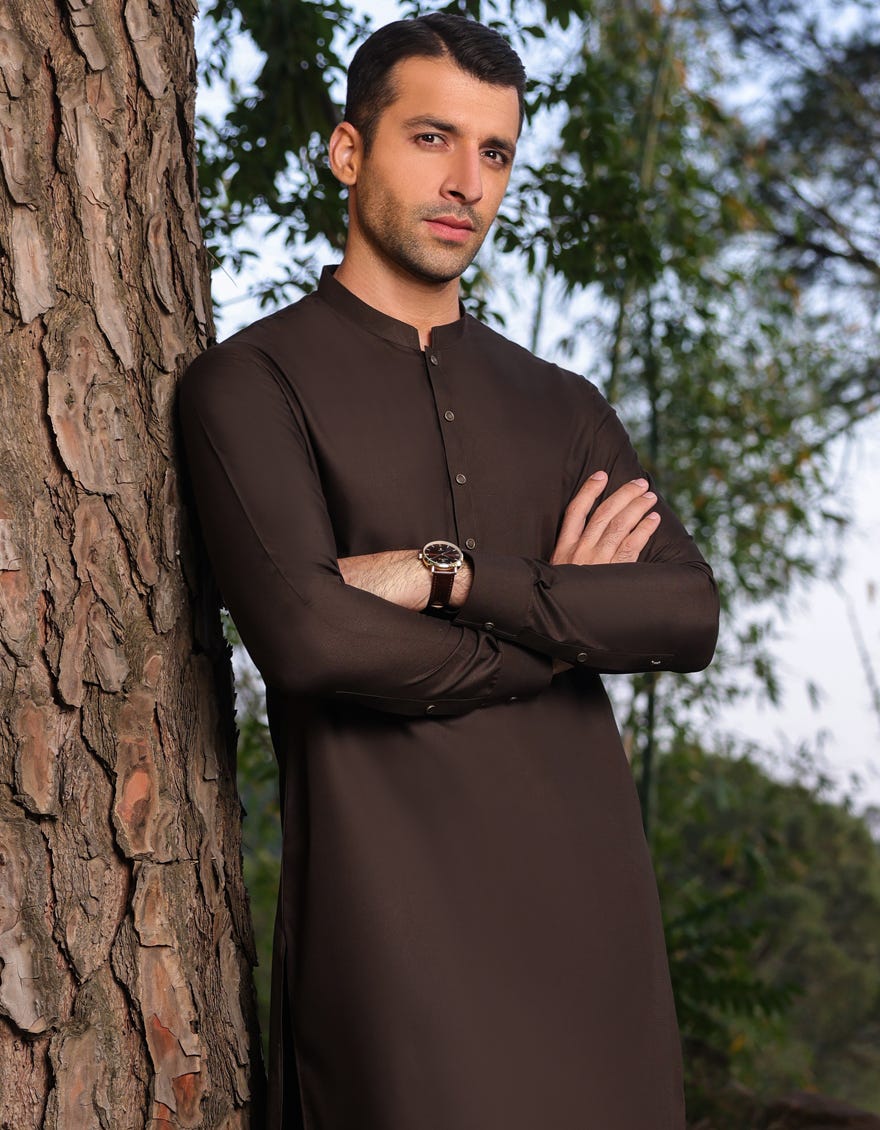 Dark Brown Blended Men's Kameez Shalwar | Jjks-S-47034