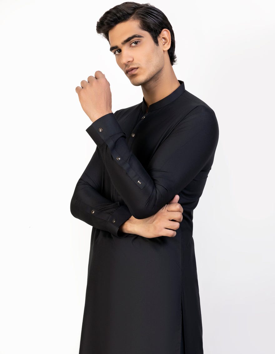 Black Blended Men's Kameez Shalwar | Jjks-S-47035