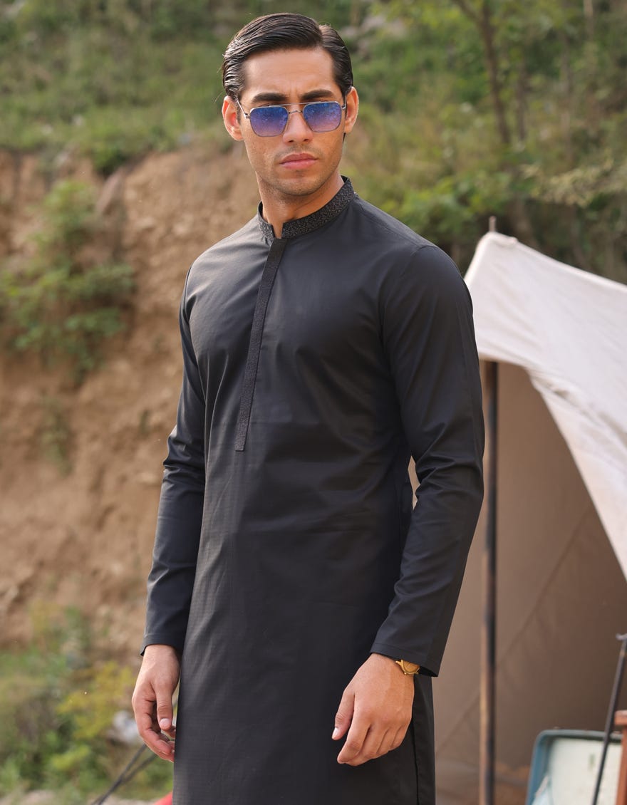 Black Cotton Men's Kameez Shalwar | Jjks-S-47037