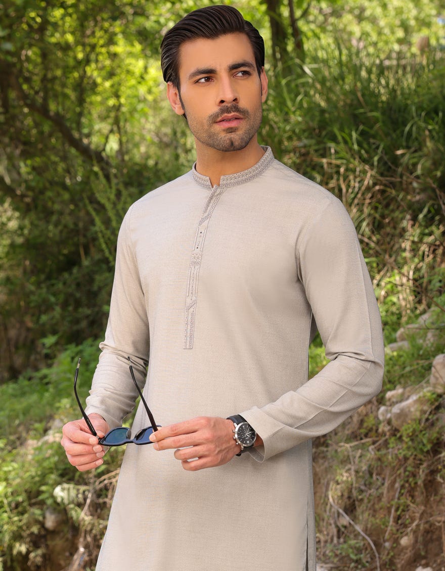 Smoke Grey Blended Men's Kameez Shalwar | Jjks-S-47038
