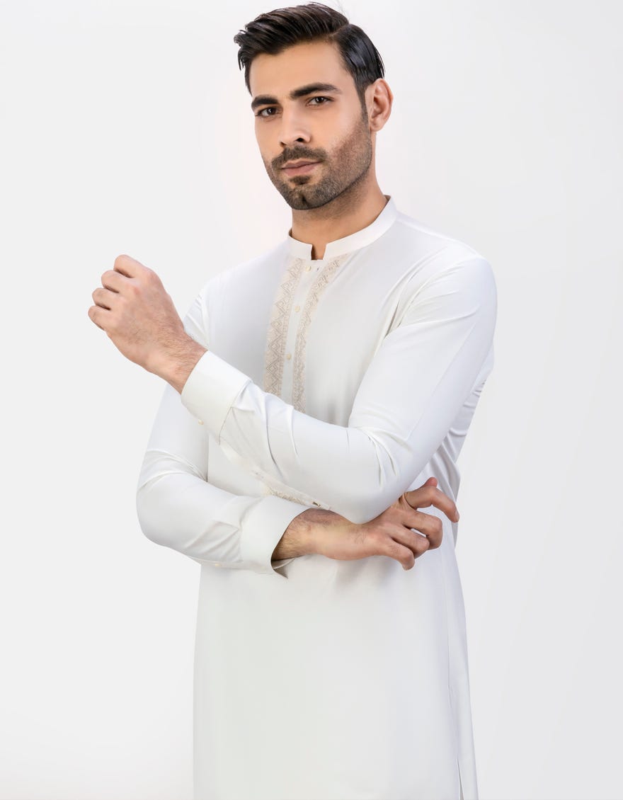 White Blended Men's Kameez Shalwar | Jjks-S-47039