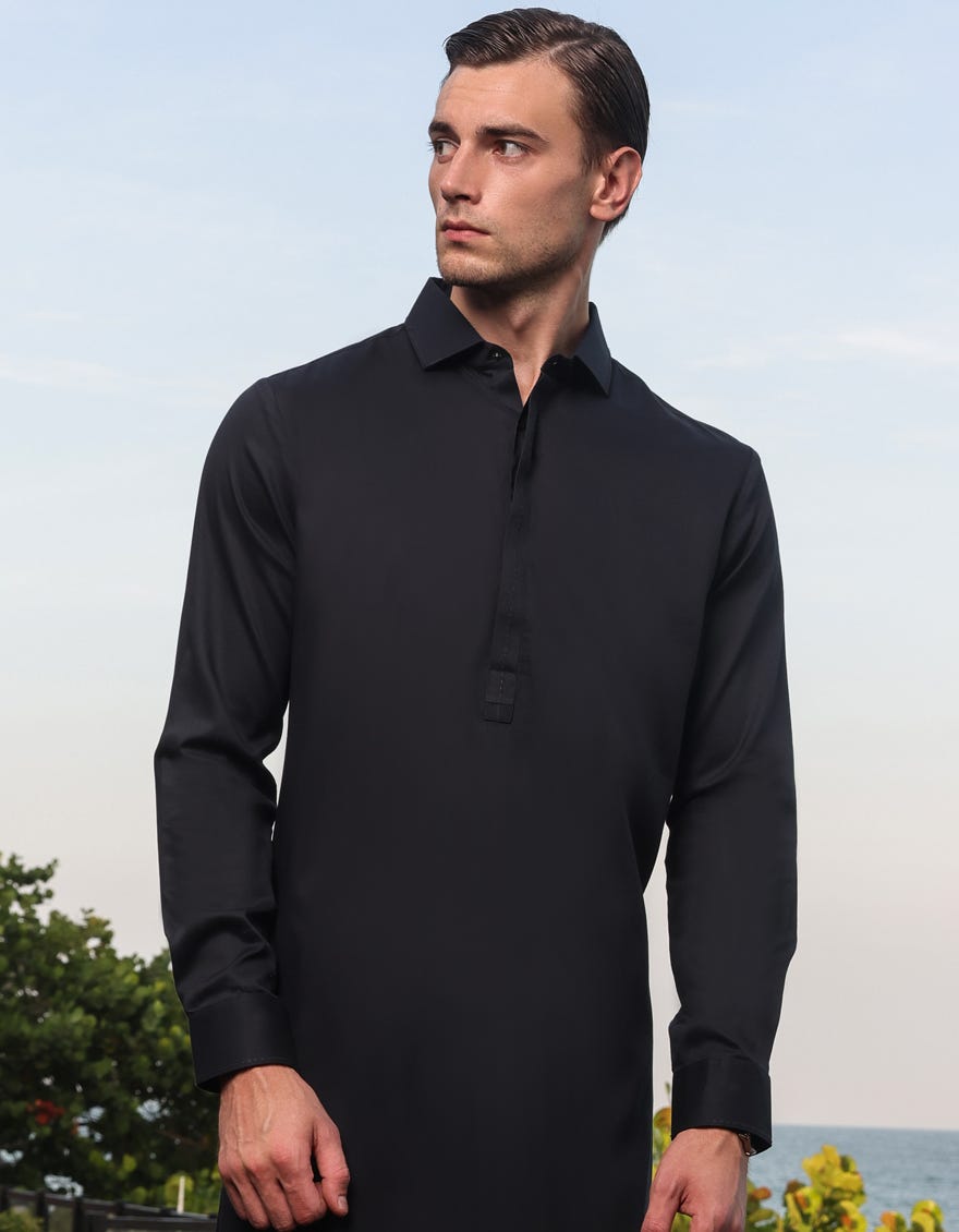 Black Cotton Men's Kameez Shalwar | Jjks-S-47047