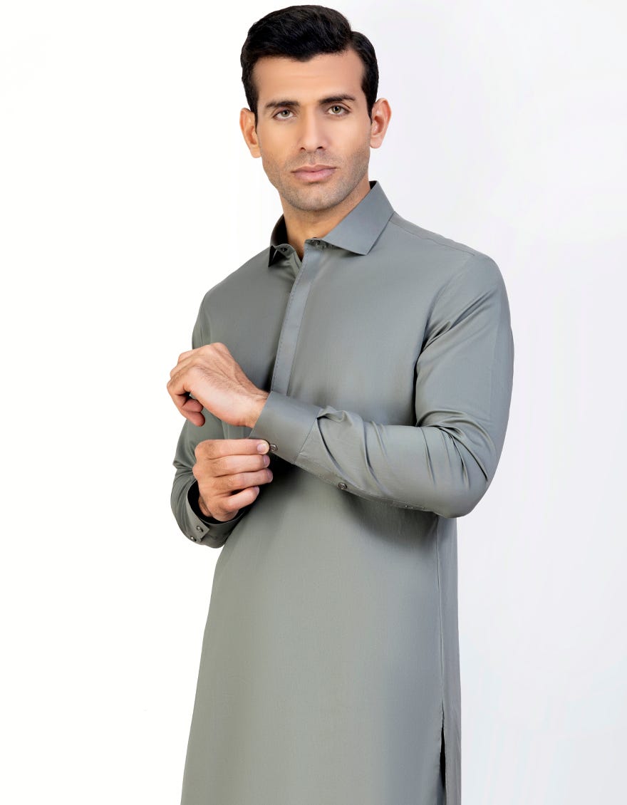 Dull Green Cotton Men's Kameez Shalwar | Jjks-S-47054