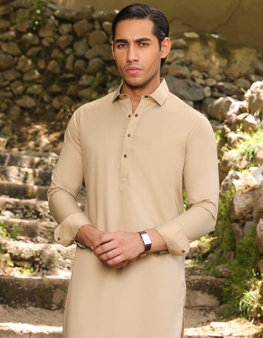Beige Cotton Men's Kameez Shalwar | Jjks-S-47056