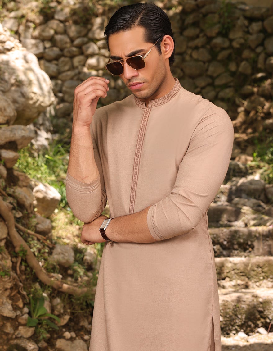 Brown Blended Men's Kameez Shalwar | Jjks-S-47062