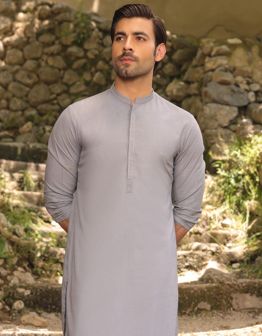 Grey Blended Men's Kameez Shalwar | Jjks-S-47063
