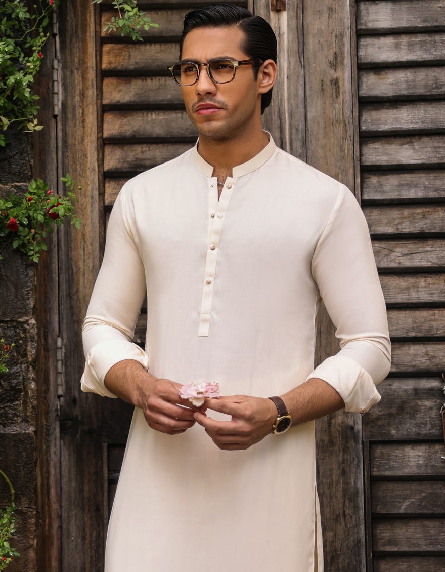 White Blended Men's Kameez Shalwar | Jjks-S-47068