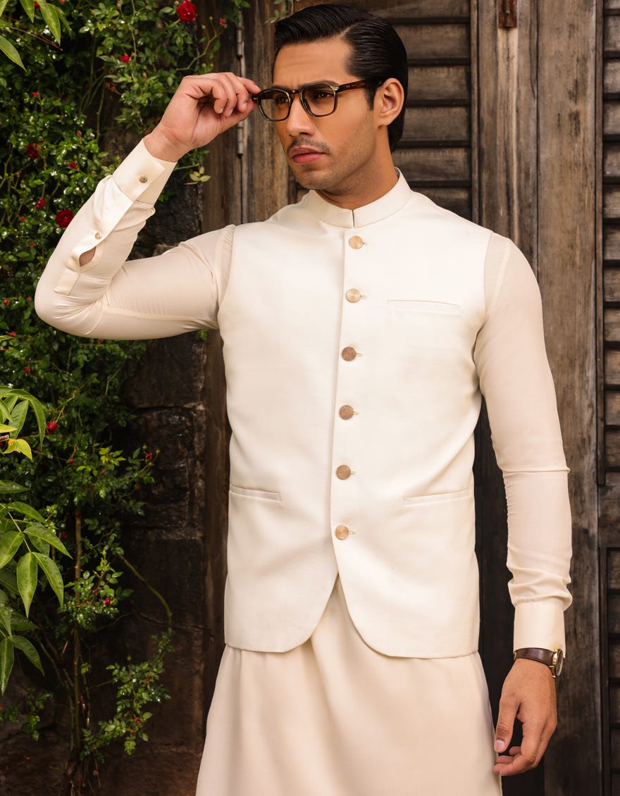 Cream Blended Kameez Shalwar+Blended Waistcoat | Jjksvc-A-47068