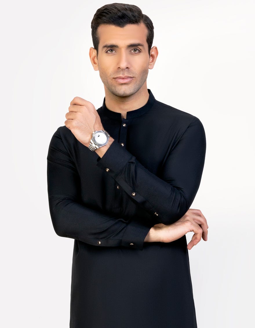 Black Blended Men's Kameez Shalwar | Jjks-S-47069
