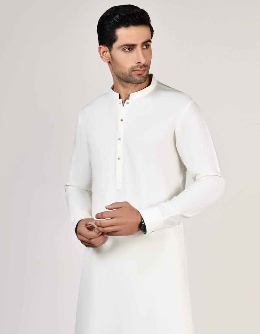 Off White White Blended Men's Kameez Shalwar | Jjks-S-47070