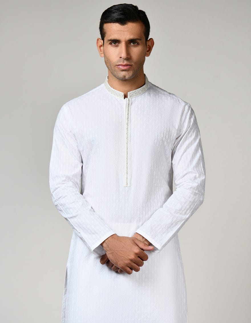 White Cotton Men's Kurta | Jjk-S-47099