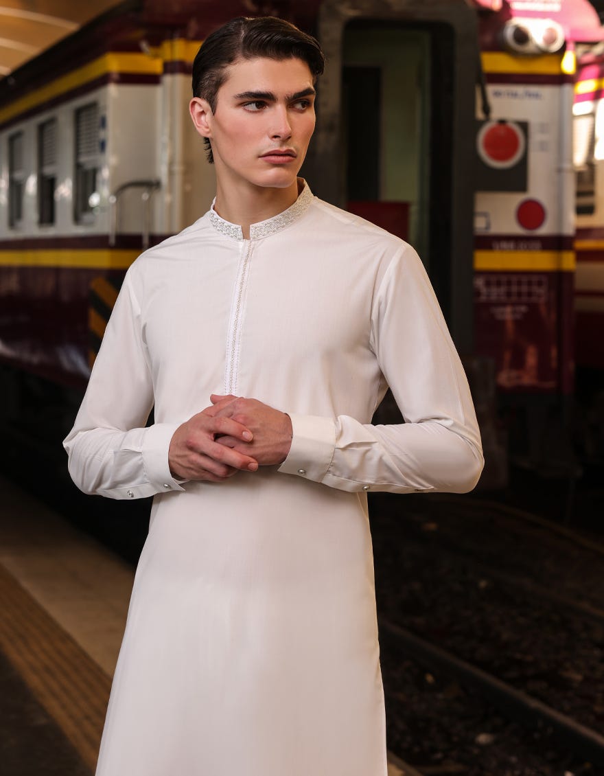 White Blended Men's Kameez Shalwar | Jjks-S-47110