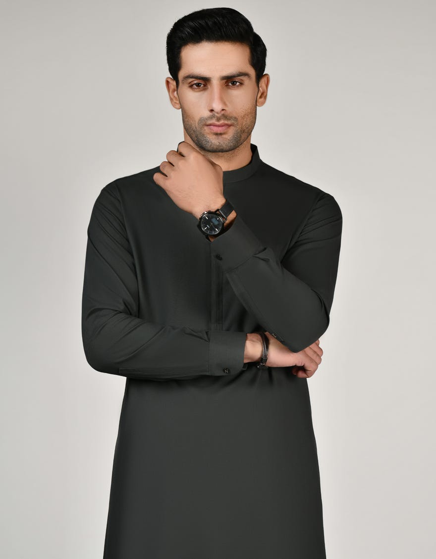 Army Green Blended Men's Kameez Shalwar | Jjks-W-47116