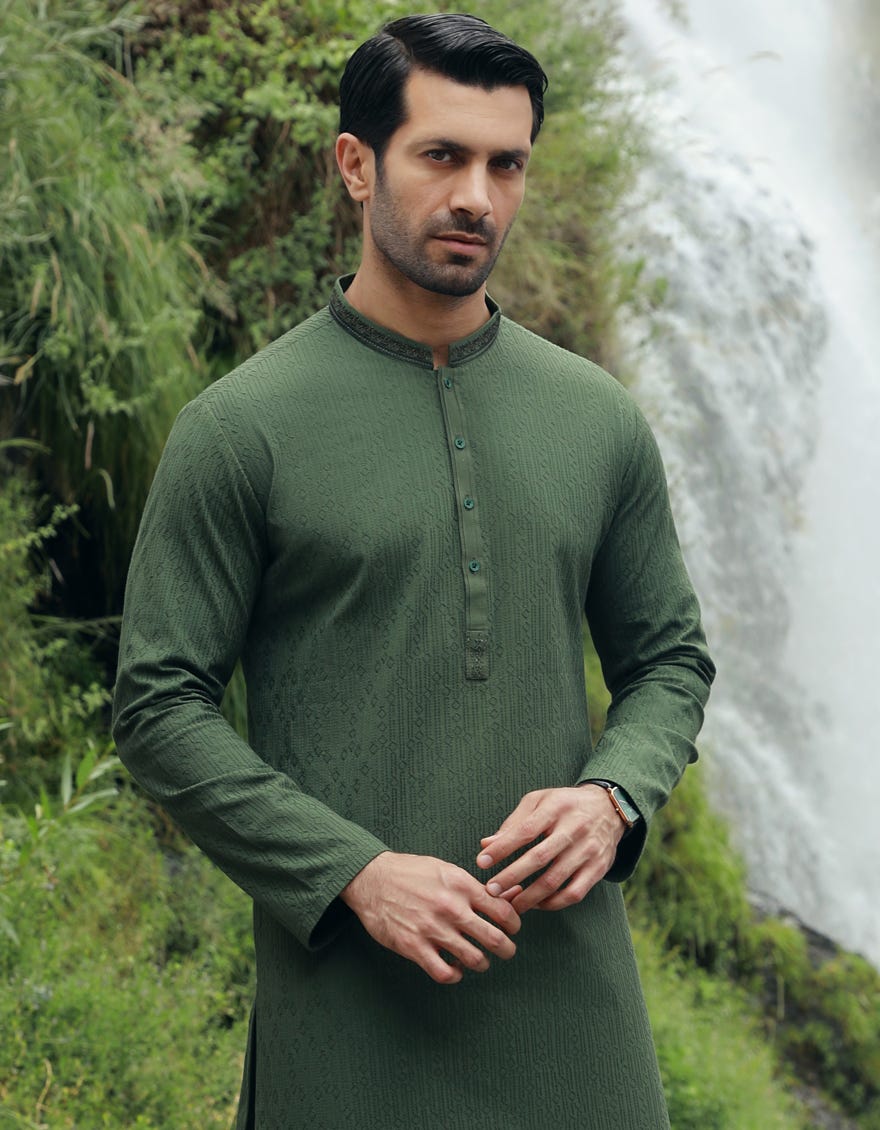 Dark Green Cotton Men's Kurta | Jjk-W-47120