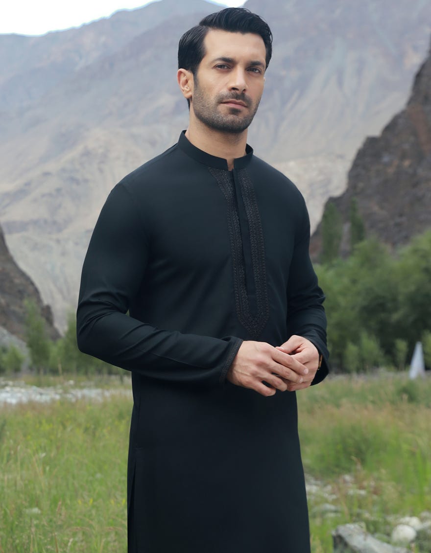 Black Blended Men's Kameez Shalwar | Jjks-A-47123