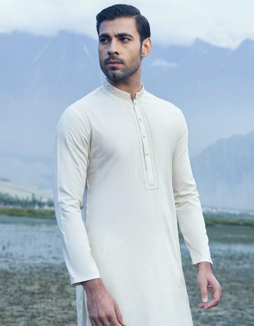 Cream Blended Men's Kurta | Jjk-A-47135