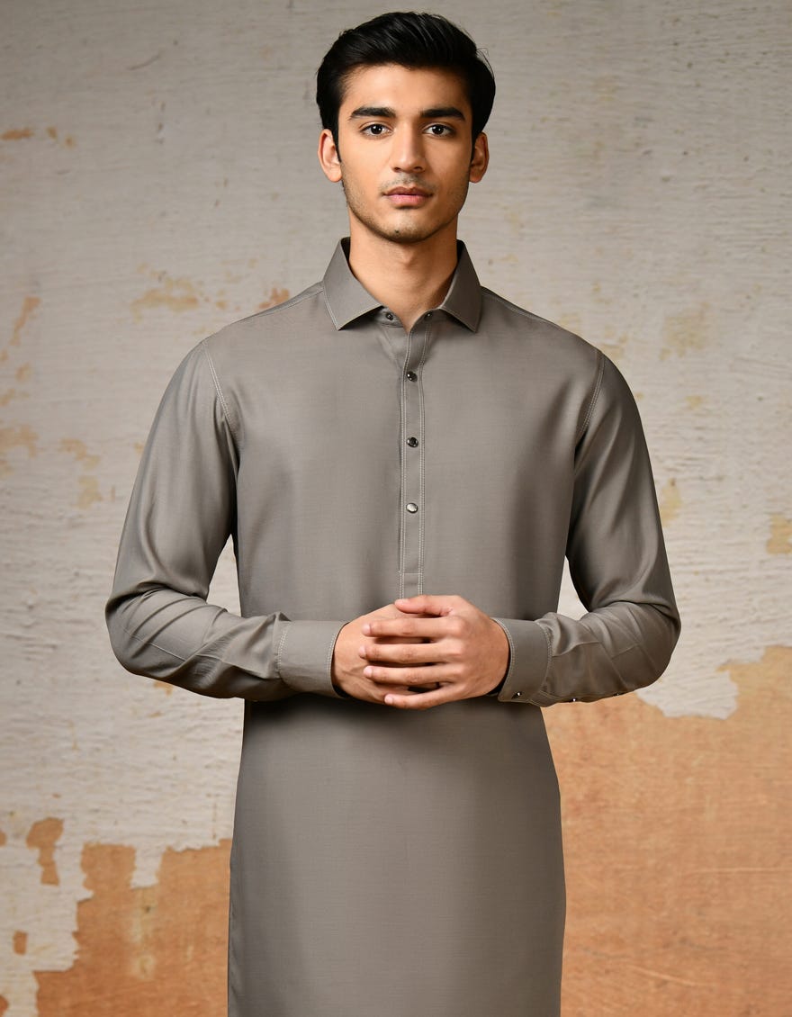Mud Brown Blended Men's Kameez Shalwar | Jjks-S-47150