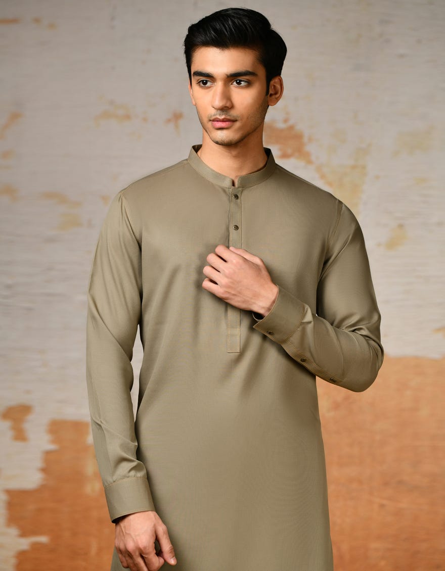 Mud Brown Blended Men's Kameez Shalwar | Jjks-S-47151